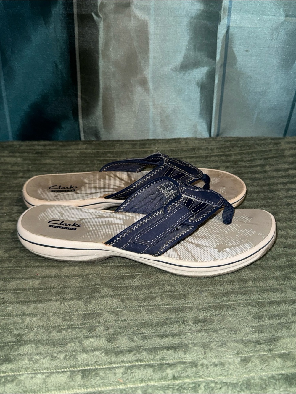 Clarks Navy Blue Thong Sandals with Stitched Straps